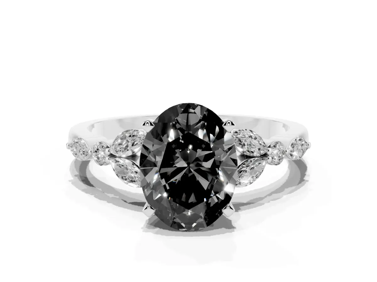 Fancy Black Oval Cut Diamond Solitaire Ring with Side Stones and Four-Prong Setting Silver