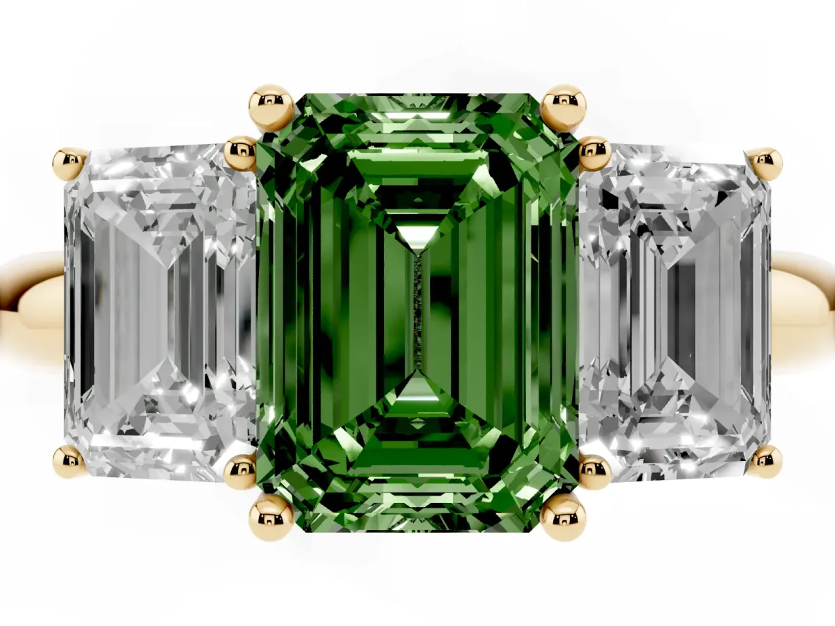 Fancy Green Three-Stone Emerald Cut Cut Diamond Engagement Ring with Prong Setting on a White Gold Band Yellow gold