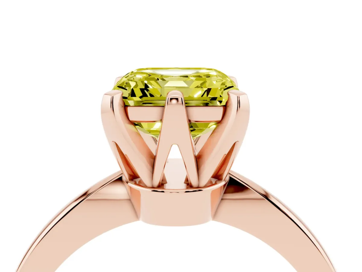 Fancy Yellow Asscher Cut Solitaire Engagement Ring with Six-Prong Setting and Tapered Band Rose gold