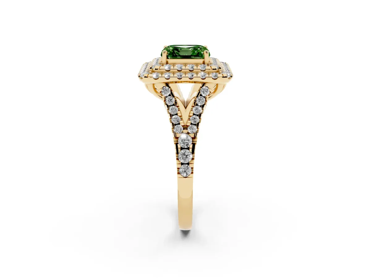 Fancy Green Double Halo Asscher Cut Diamond Pavé Split Shank Ring with Prong Setting Yellow gold