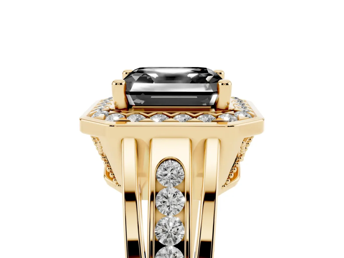 Fancy Black Asscher Cut Diamond Halo Ring with Split Shank and Bezel Accents and Prong Setting Yellow gold