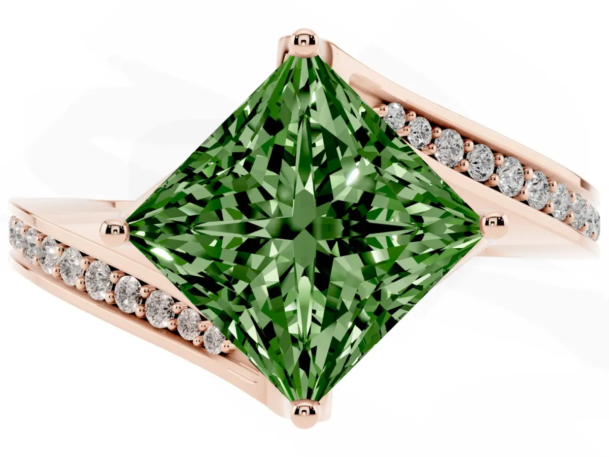 Fancy Green Princess Cut Solitaire Diamond Twist Band with Pavé Setting and Four-Prong Setting Rose gold