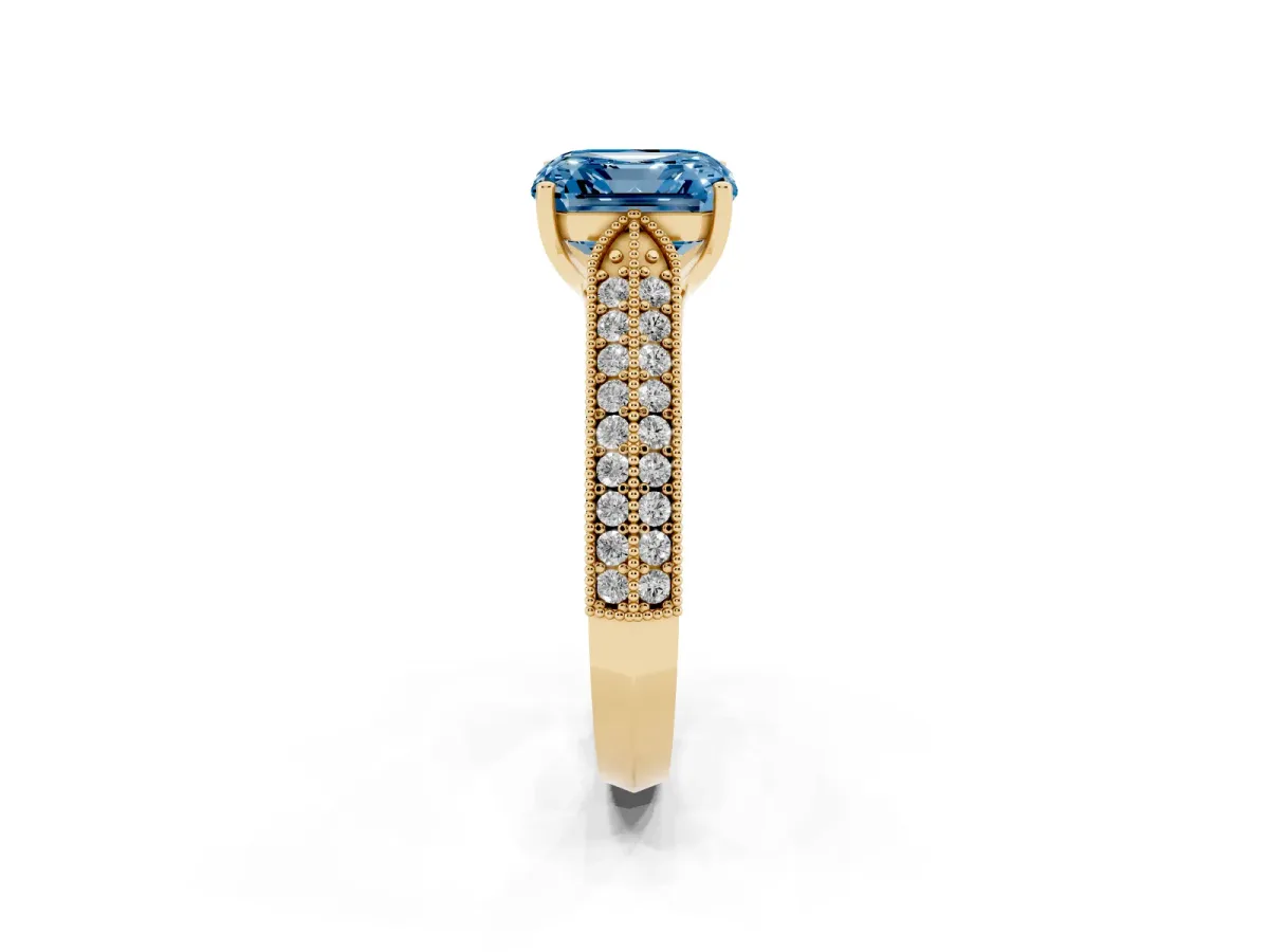 Fancy Blue Asscher Cut Cut Pave Split Shank Engagement Ring with Four-Prong Setting Yellow gold
