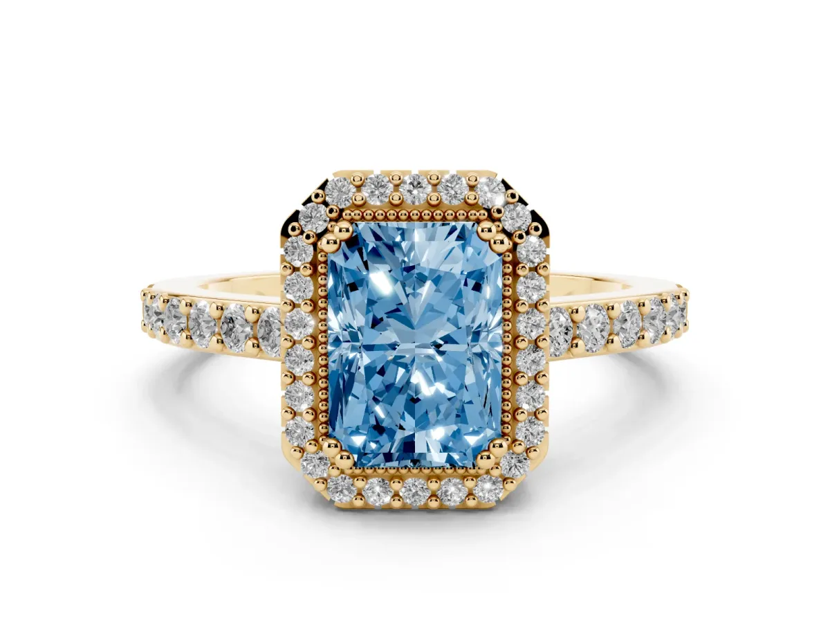 Fancy Blue Radiant Cut Cut Diamond Halo Engagement Ring with Milgrain Detail and Pavé Band Yellow gold