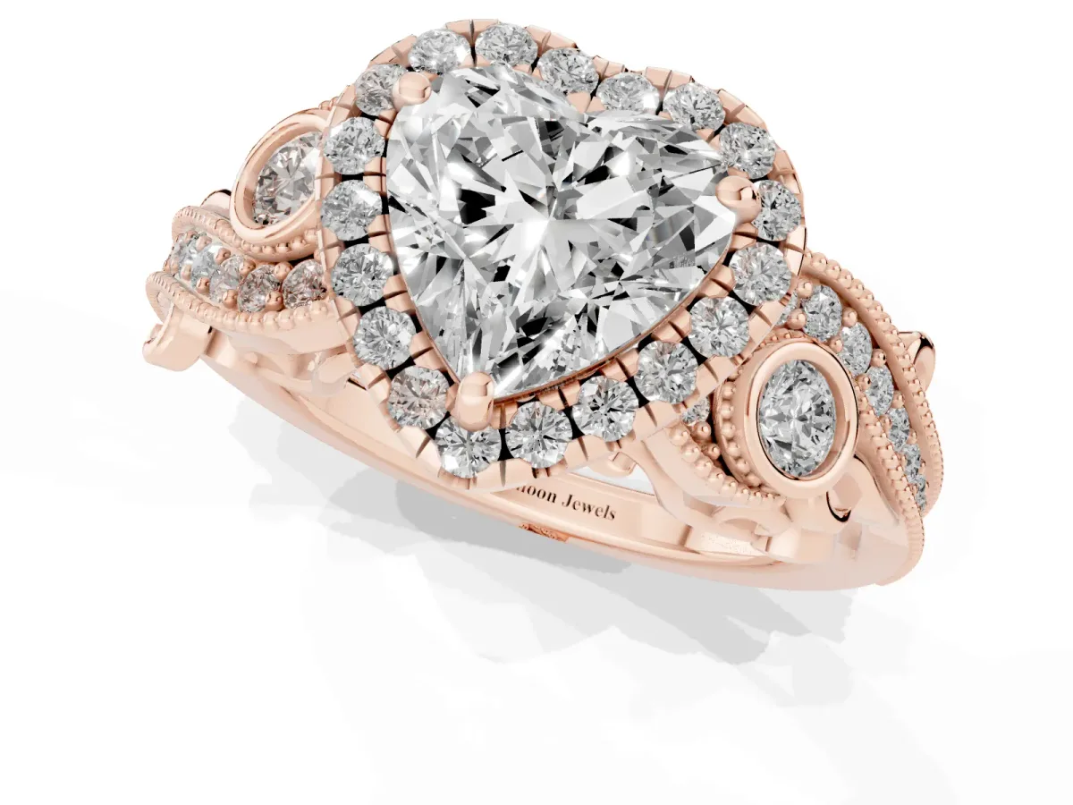 Heart Cut Halo Diamond Ring with Milgrain and Bezel Accents on a Split Shank Band Rose gold