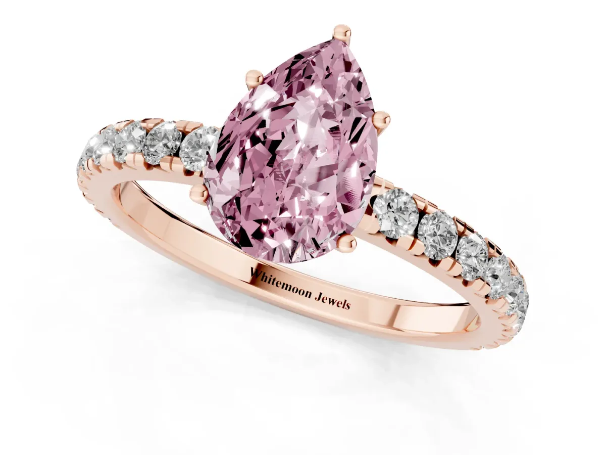 Fancy Pink Pear Cut Diamond Pavé Solitaire Engagement Ring with Four-Prong Setting Rose gold
