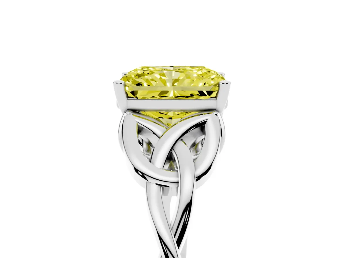 Fancy Yellow Radiant Cut Diamond Solitaire Engagement Ring with Celtic Knot Band and Four-Prong Setting White gold
