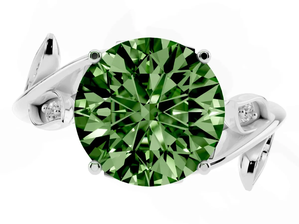 Fancy Green Round Cut Solitaire Twist Engagement Ring with Leaf Accents and Prong Setting Silver