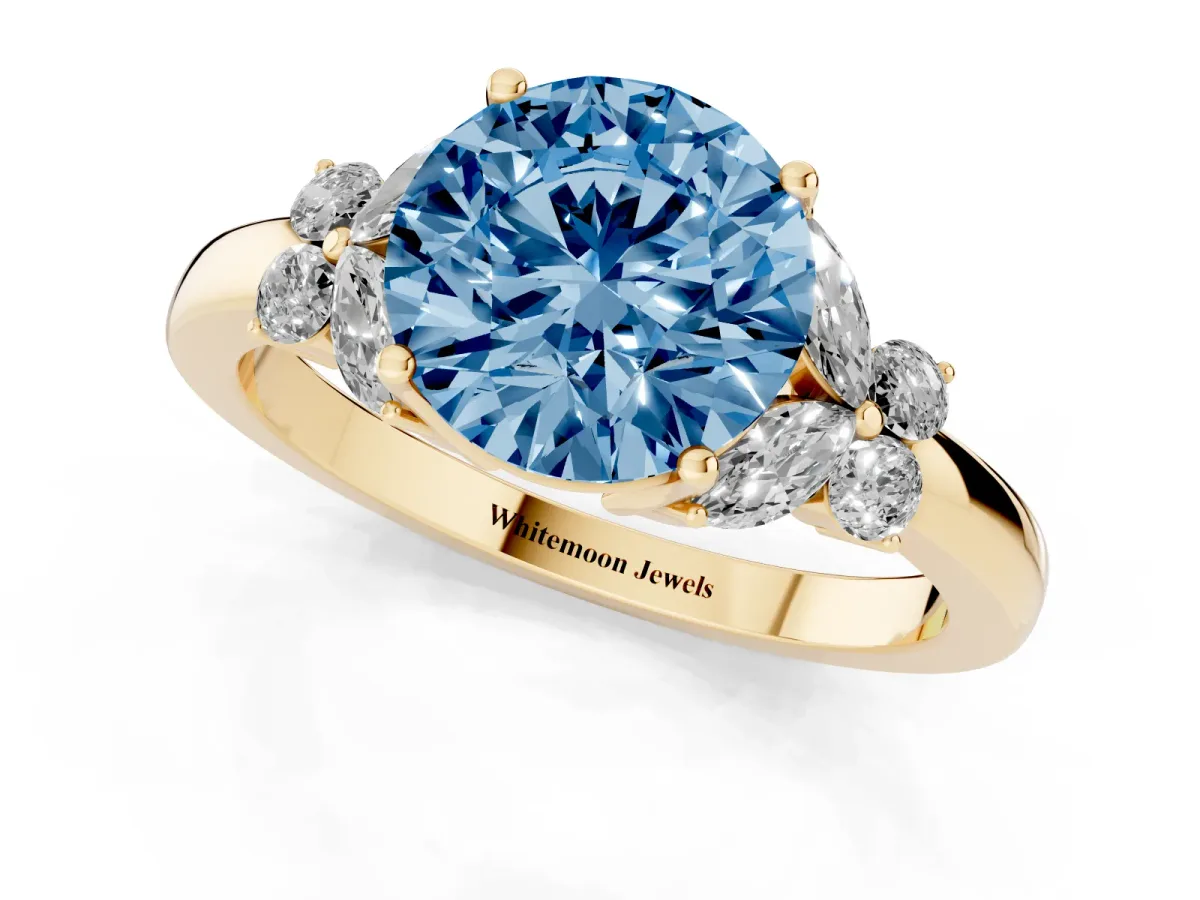 Fancy Blue Round Cut Cut Solitaire Floral Diamond Ring with Four-Prong Setting Yellow gold