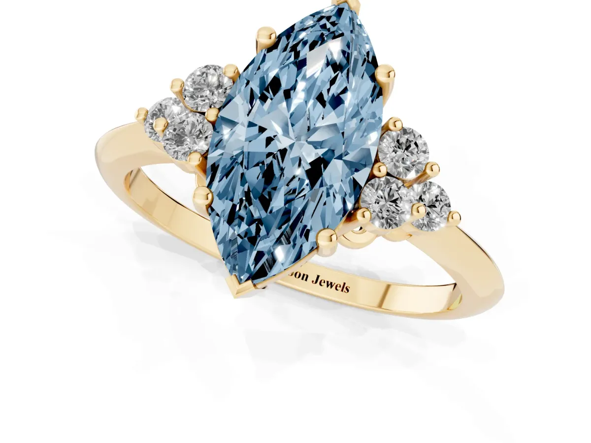 Fancy Blue Marquise Cut Cut Diamond Cluster Ring with Solitaire Band and Four-Prong Setting Yellow gold