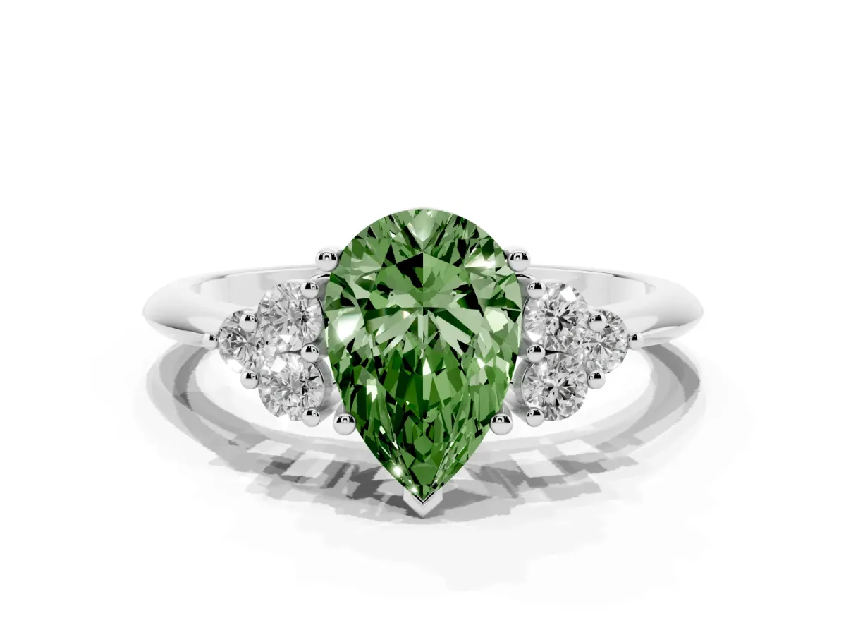 Fancy Green Pear Cut Cut Diamond Cluster Ring with Solitaire Band and Four-Prong Setting Silver
