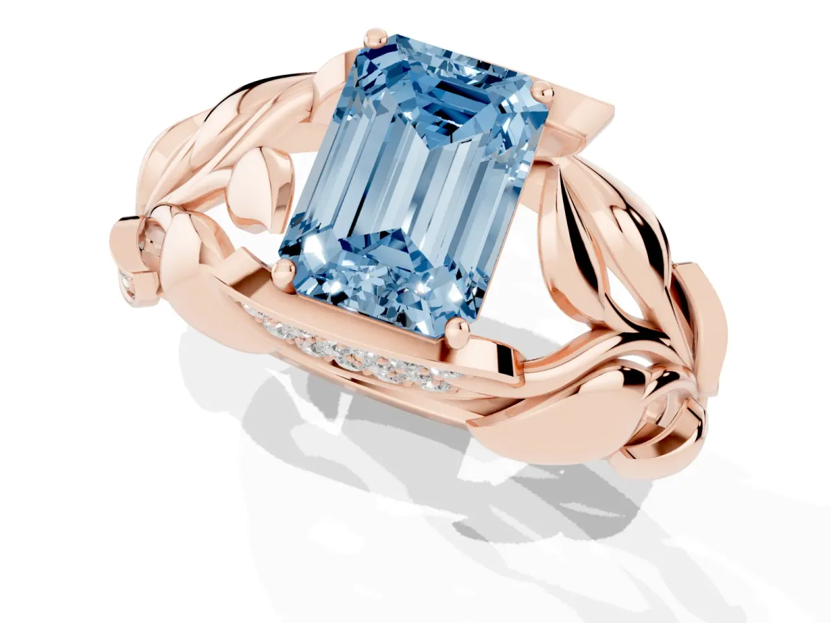 Fancy Blue Emerald Cut Diamond Leaf-Inspired Engagement Ring with Round Accents and Prong Setting Rose gold