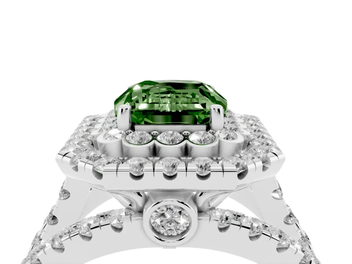Fancy Green Emerald Cut Diamond Double Halo Ring with Round Pavé Split Shank and Prong Setting Platinum