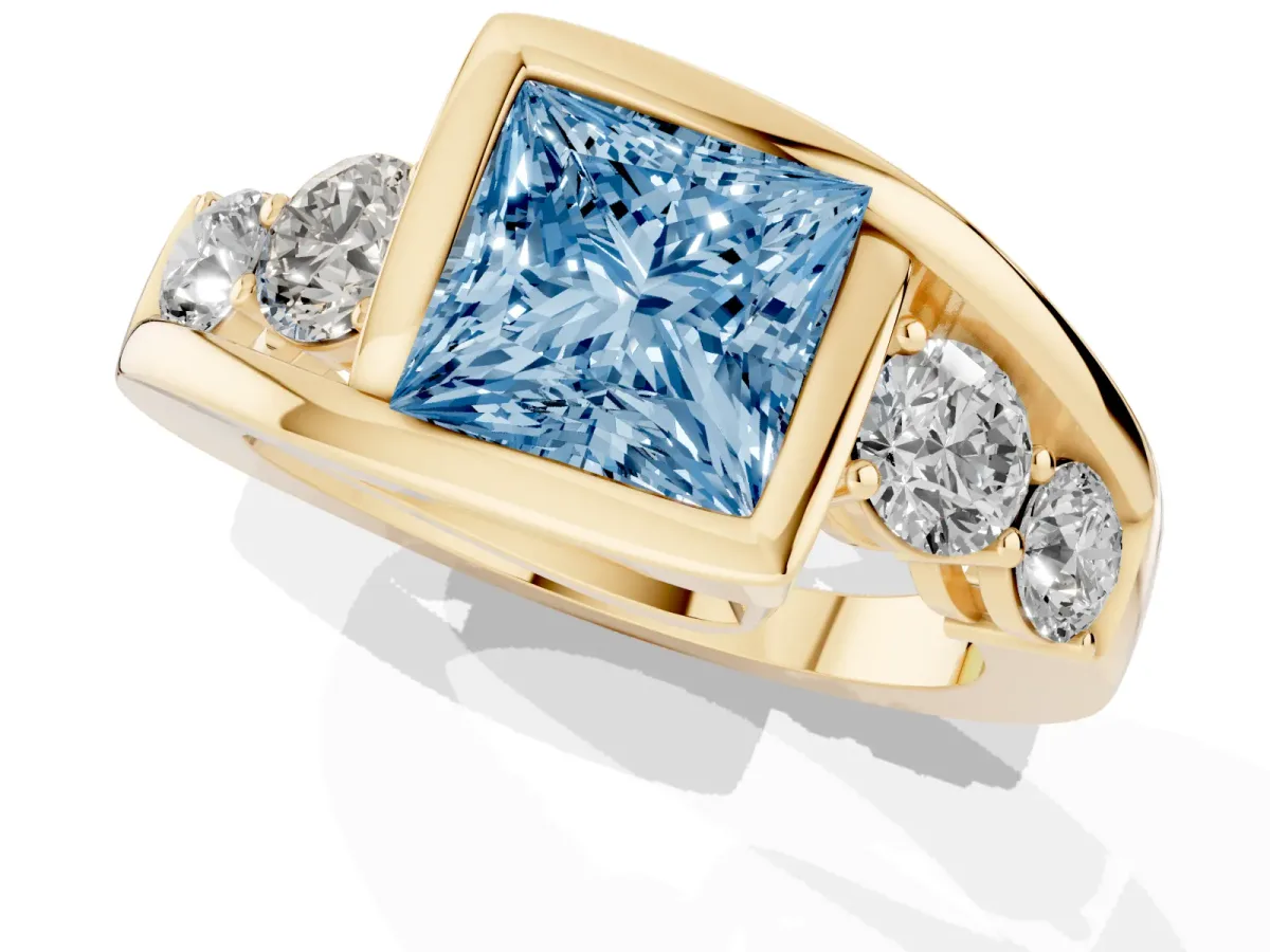 Fancy Blue Bezel Set Princess Cut Diamond Bypass Ring with Round Accents Yellow gold