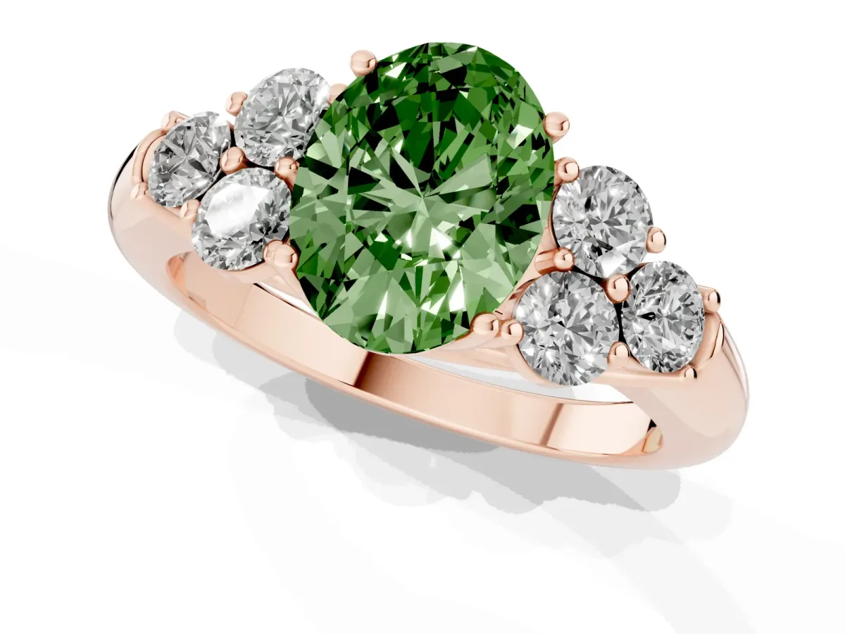 Fancy Green Oval Cut Cut Diamond Cluster Ring with Round Accent Stones and Prong Setting on a Classic Band Rose gold