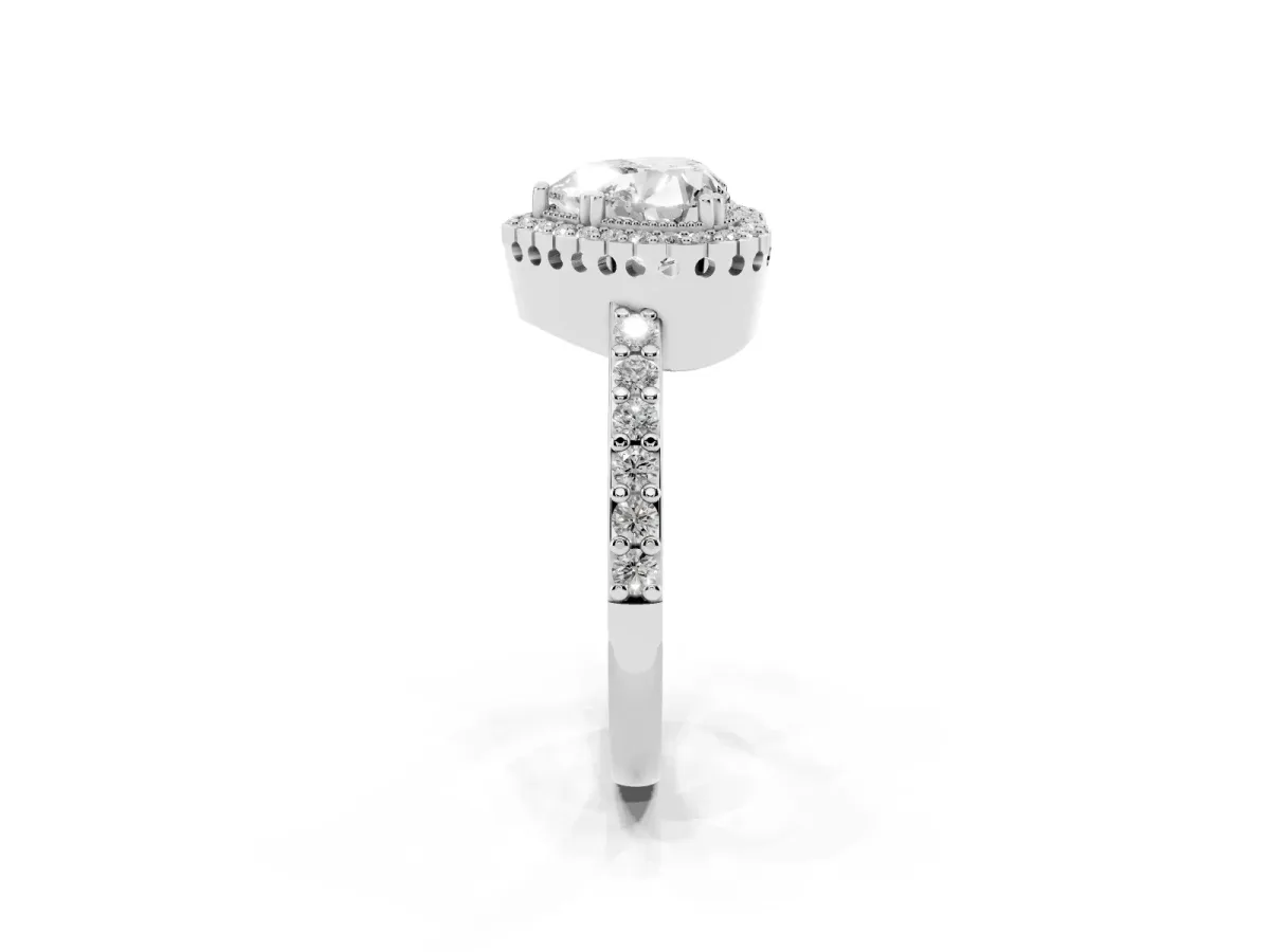 Heart Cut Cut Diamond Halo Engagement Ring with Milgrain Detail and Pavé Band Silver