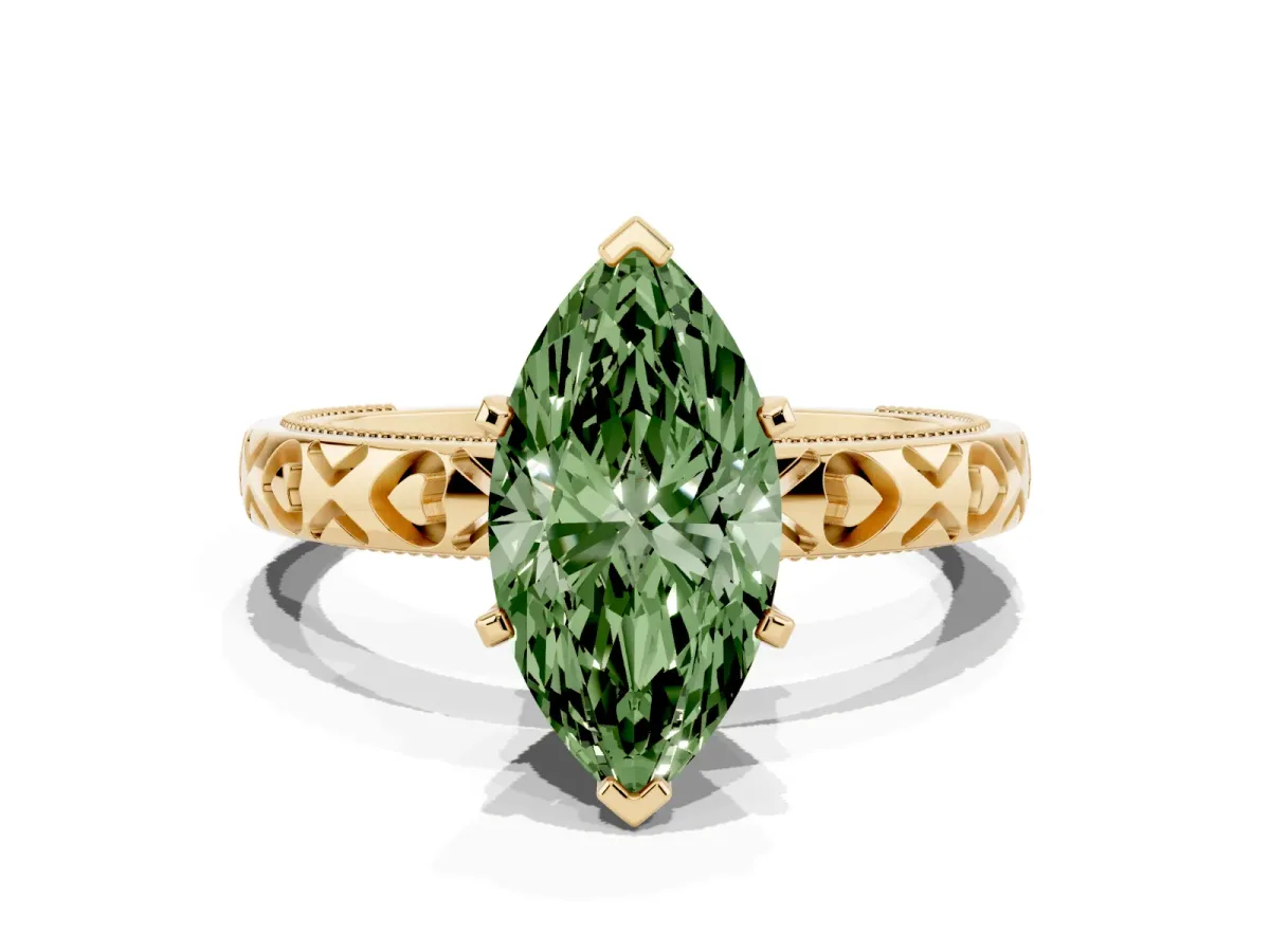 Fancy Green Marquise Cut Solitaire Diamond Engagement Ring with XO Engraved Band and Four-Prong Setting Yellow gold