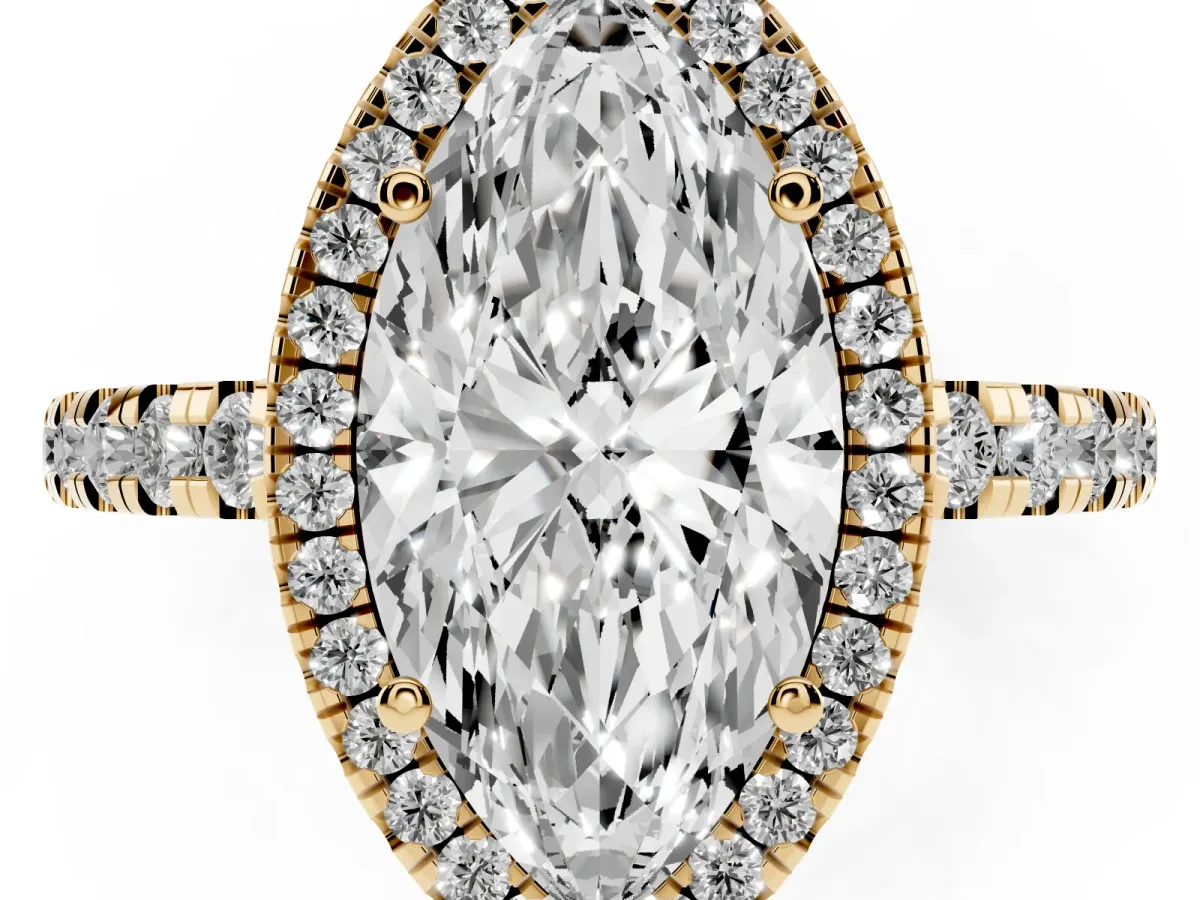 Marquise Cut Diamond Halo Ring with Pavé Band and Four-Prong Setting Yellow gold