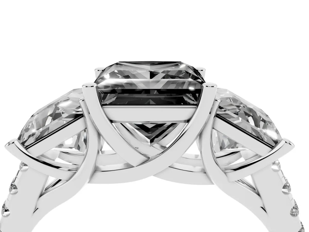 Fancy Black Three-Stone Princess Cut Diamond Ring with Round Pavé Band and Prong Setting Silver