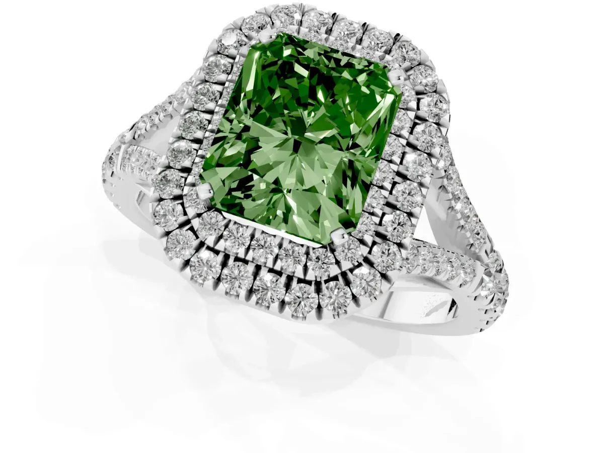 Fancy Green Radiant Cut Cut Double Halo Split Shank Diamond Ring with Prong Setting White gold