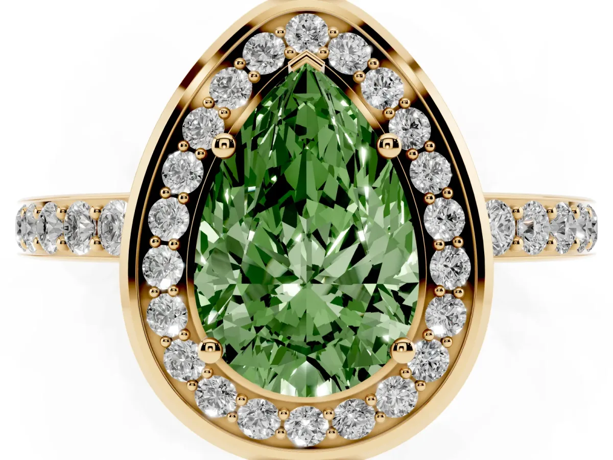 Fancy Green Pear Cut Diamond Halo Ring with Bezel Frame and Pavé Band Yellow gold