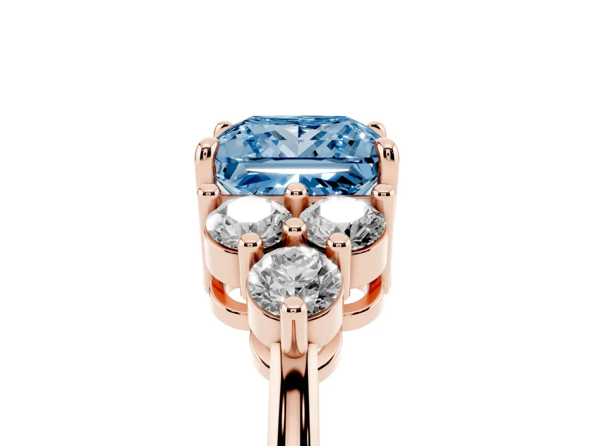 Fancy Blue Princess Cut Brilliant Diamond Cluster Accent Solitaire Ring with Prong Setting Rose gold