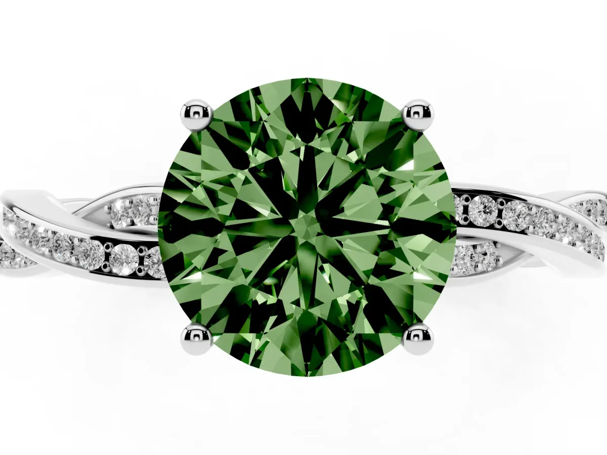 Fancy Green Round Cut Solitaire Twisted Pave Diamond Ring with Four-Prong Setting Silver