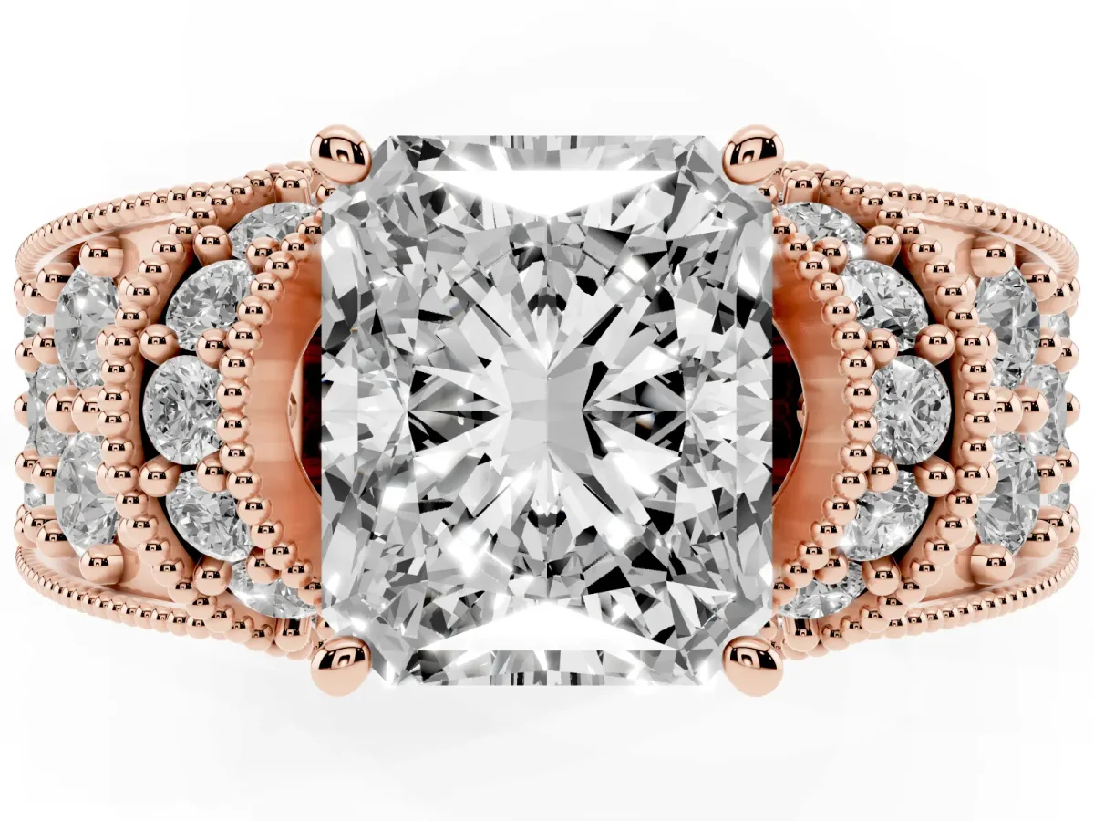 Radiant Cut Halo Pave Diamond Engagement Ring with Milgrain Detailing Rose gold