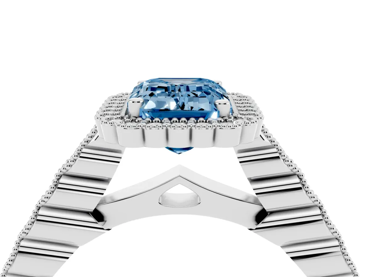 Fancy Blue Emerald Cut Cut Halo Pavé Solitaire Ring with Milgrain Band Silver