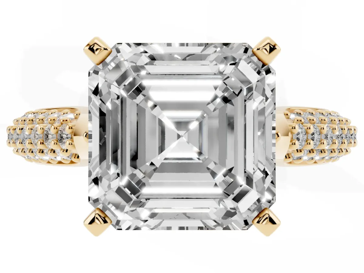 Asscher Cut Diamond Solitaire Engagement Ring with Multi-Row Round Pavé Band and Prong Setting Yellow gold