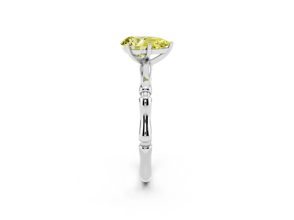 Fancy Yellow Pear Cut Solitaire Diamond Ring with Bamboo Band and Four-Prong Setting Silver