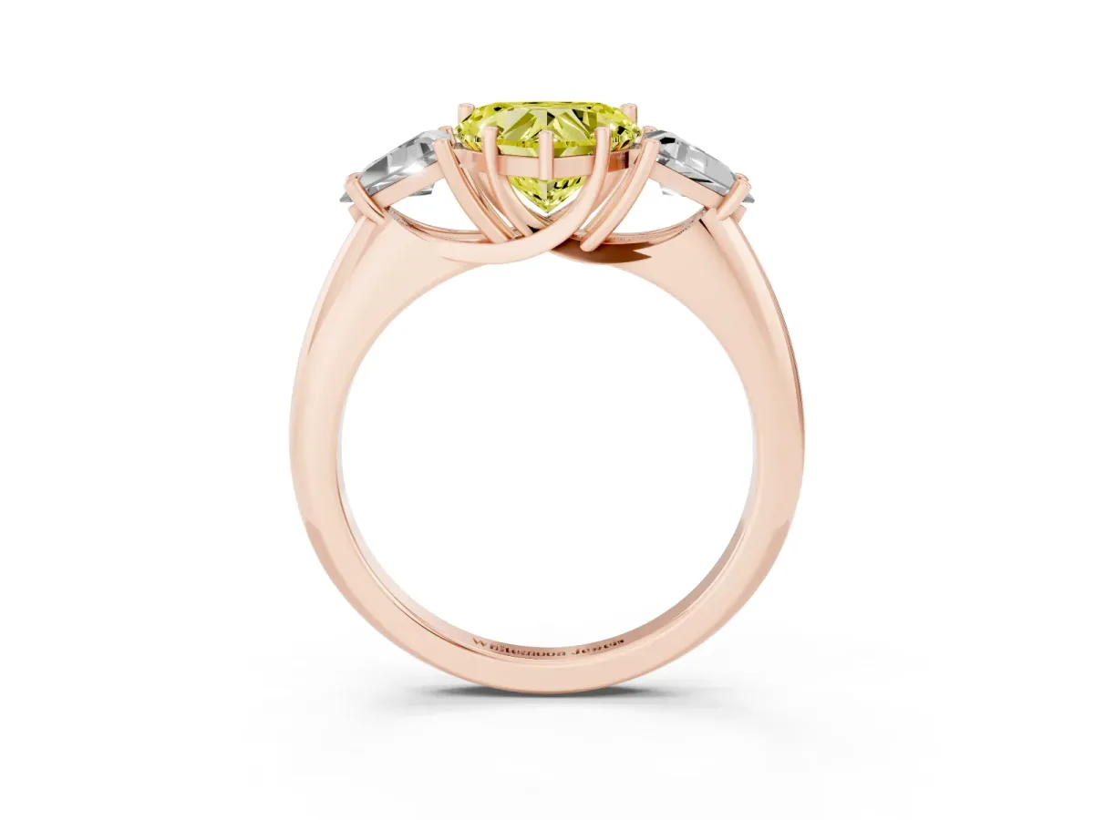 Fancy Yellow Three-Stone Heart Cut Diamond Engagement Ring with Trillion Side Stones and Prong Setting Rose gold