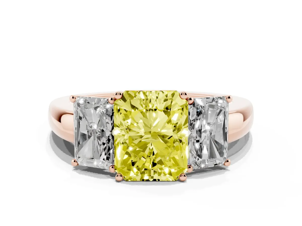 Fancy Yellow Radiant Cut Diamond Three-Stone Ring with Four-Prong Setting and Classic Band Rose gold