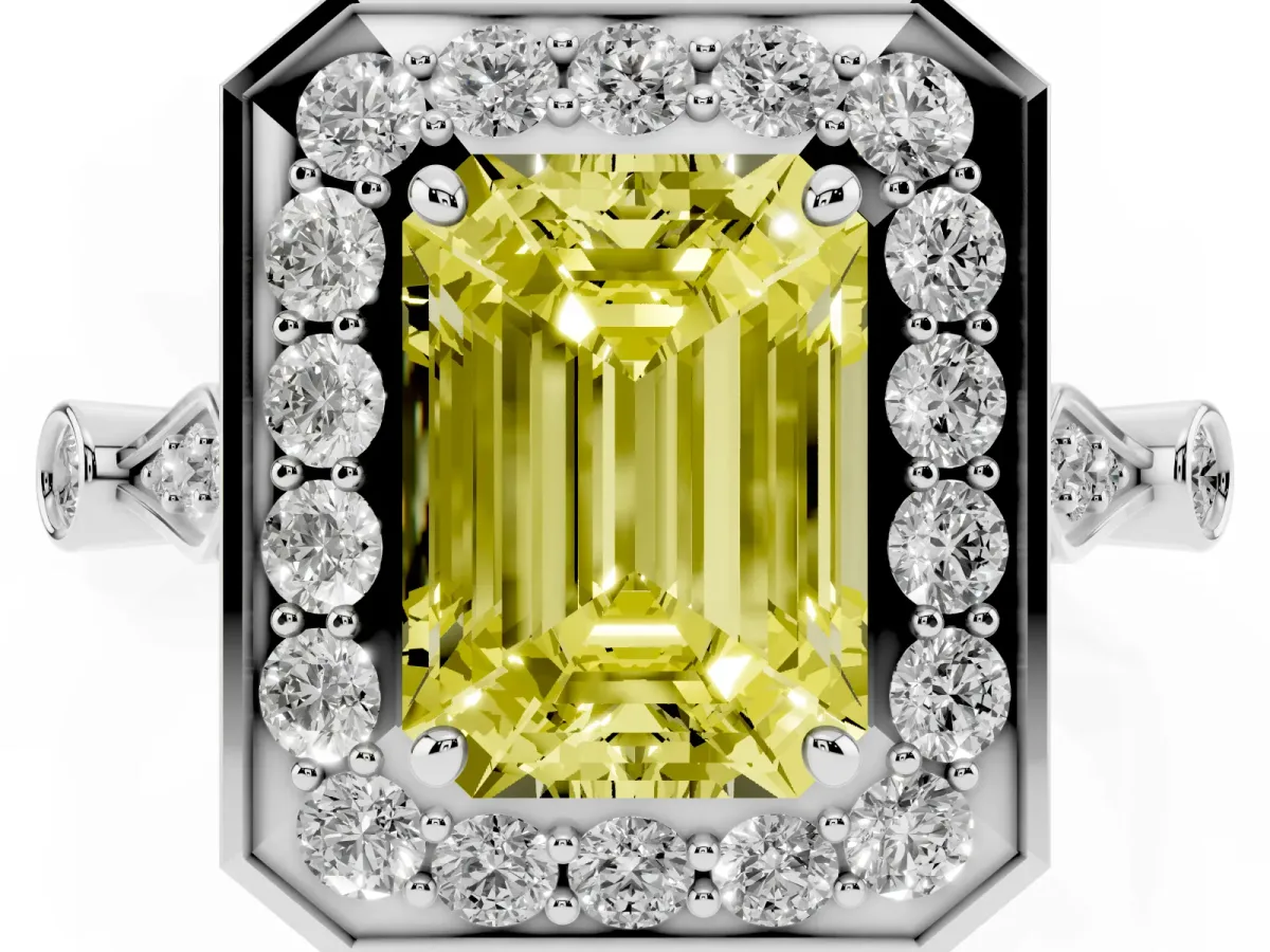 Fancy Yellow Emerald Cut Halo Diamond Engagement Ring with Twisted Band and Four-Prong Setting Platinum