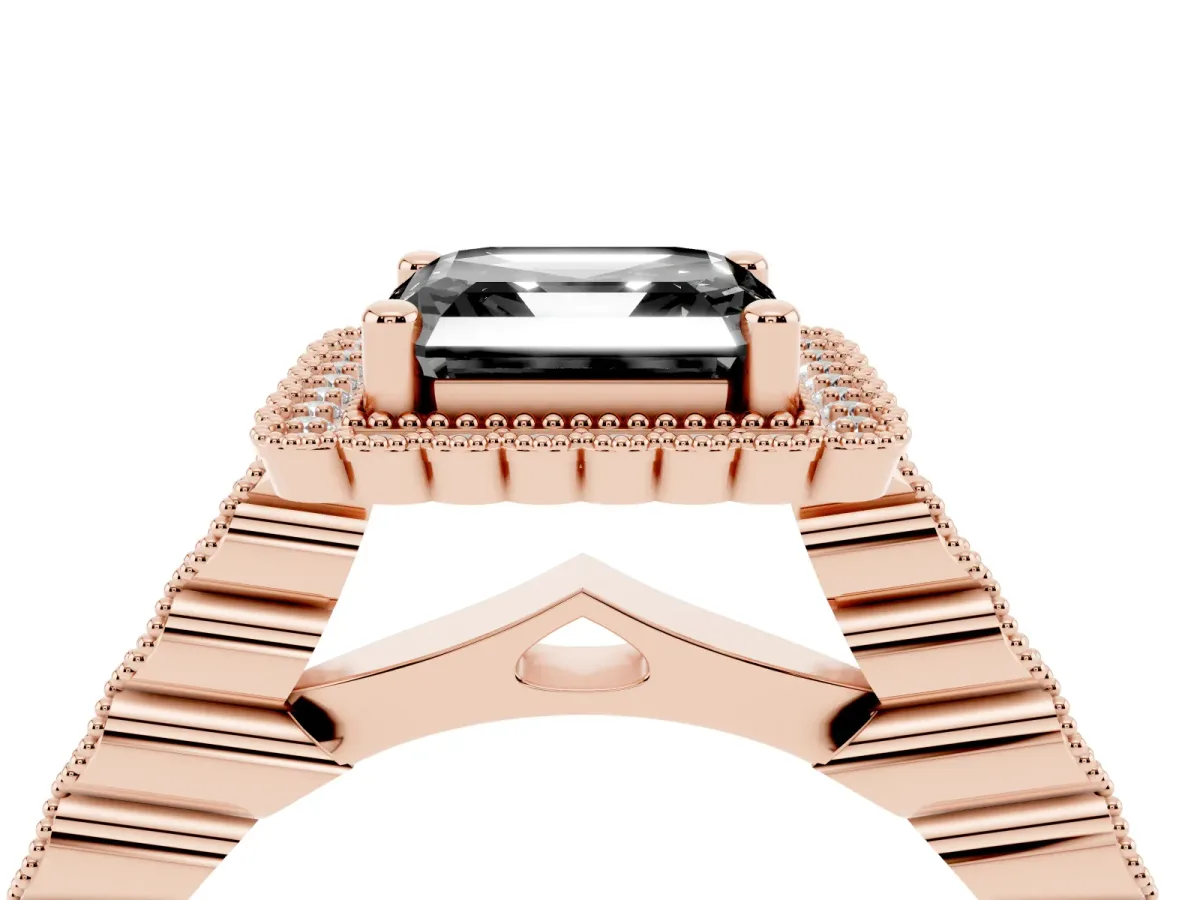 Fancy Black Asscher Cut Cut Halo Pavé Solitaire Ring with Milgrain Band Rose gold