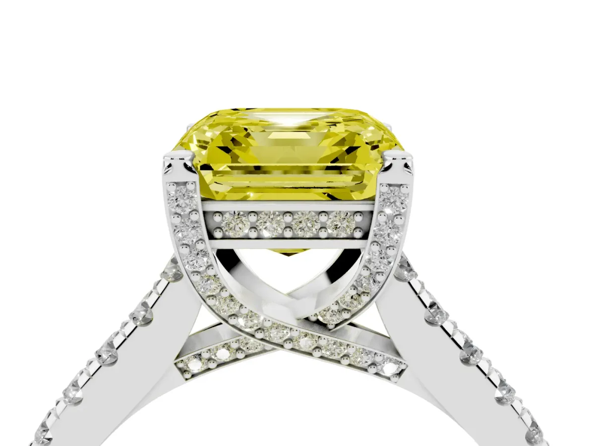 Fancy Yellow Asscher Cut Brilliant Diamond Solitaire with Pavé Band and Four-Prong Setting Silver