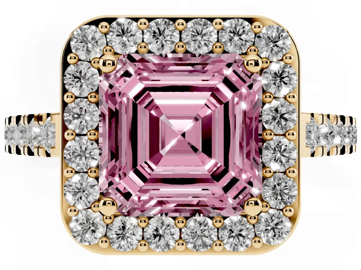 Fancy Pink Asscher Cut Diamond Halo Ring with Round Pavé Split Shank and Prong Setting Yellow gold