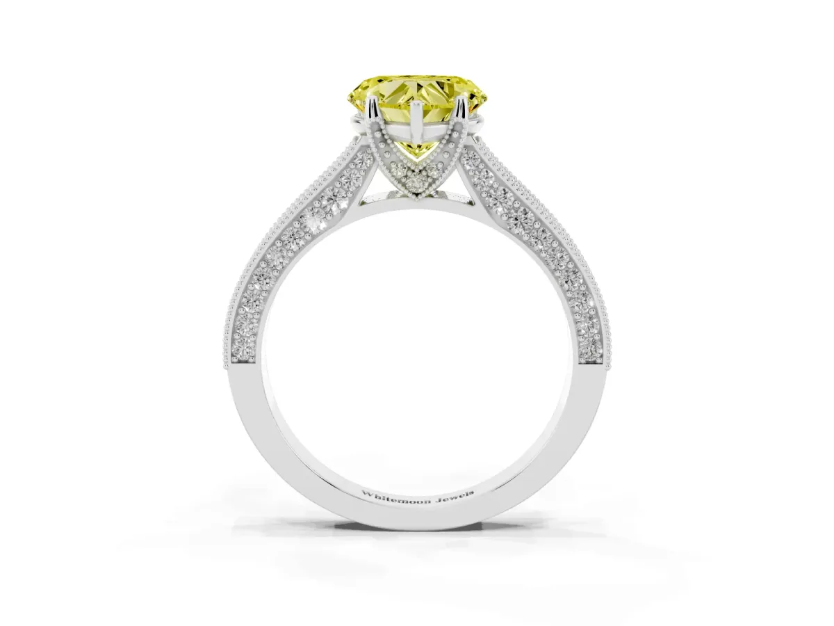 Fancy Yellow Heart Cut Cut Diamond Solitaire Ring with Milgrain Pave Band and Four Prong Setting Silver