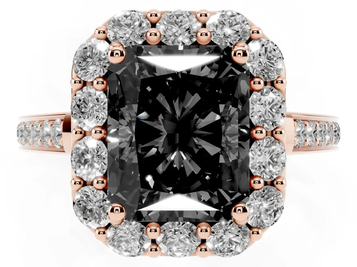 Fancy Black Radiant Cut Diamond Floral Halo Ring with Pavé Band and Prong Setting Rose gold