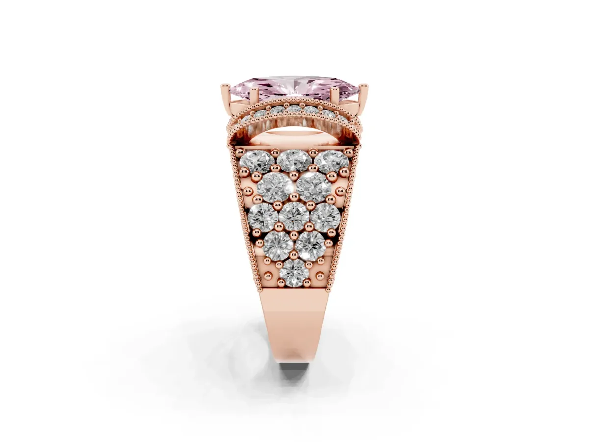 Fancy Pink Marquise Cut Halo Pave Diamond Engagement Ring with Milgrain Detailing Rose gold