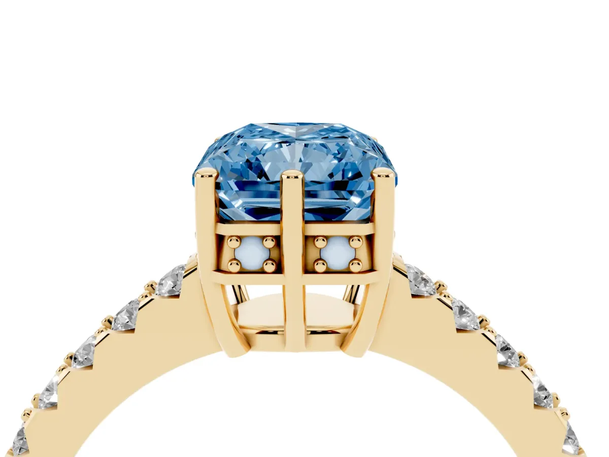 Fancy Blue Radiant Cut Solitaire Diamond Engagement Ring with Pavé Band and Six-Prong Setting Yellow gold