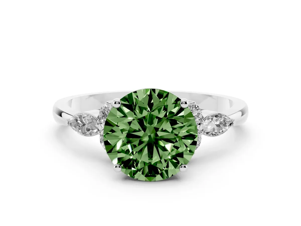 Fancy Green Round Cut Brilliant Diamond Solitaire Ring with Pear Side Stones and Four-Prong Setting Silver