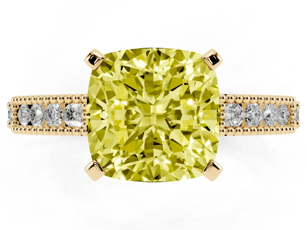 Fancy Yellow Cushion Cut Solitaire with Pavé Band and Four-Prong Setting Yellow gold