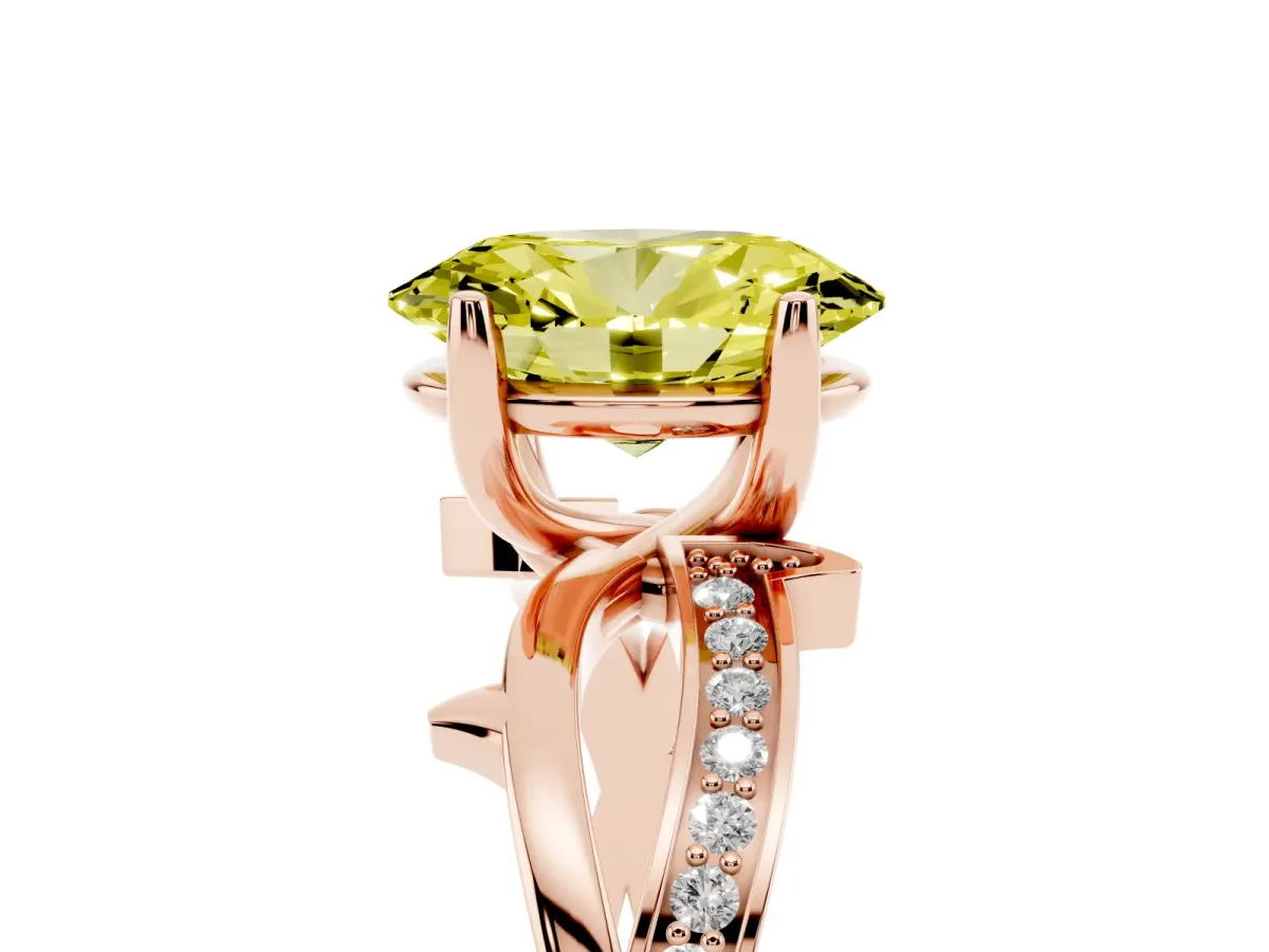 Fancy Yellow Oval Cut Solitaire Twist Band with Pavé Accents and Four-Prong Setting Rose gold