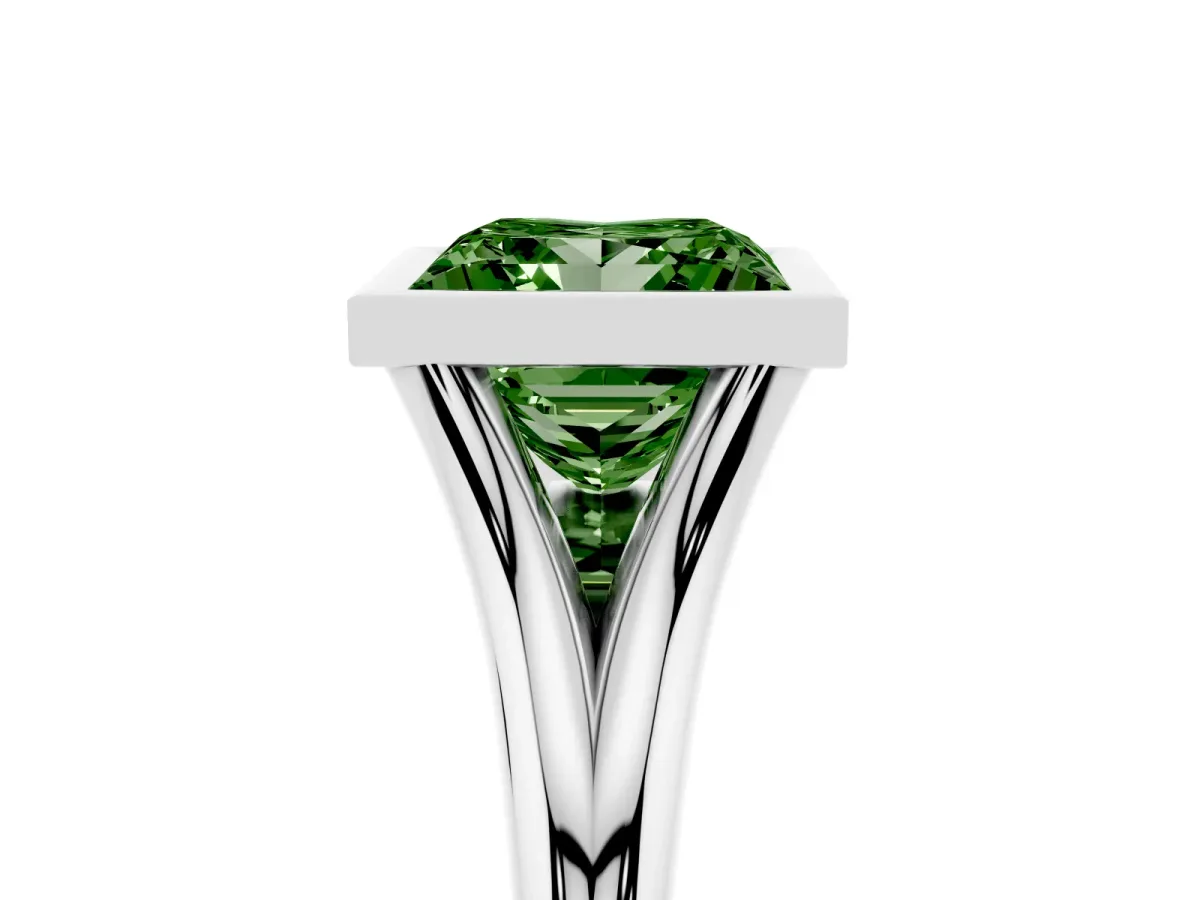 Fancy Green Bezel Set Princess Cut Cut Solitaire Ring with Tapered Band Platinum
