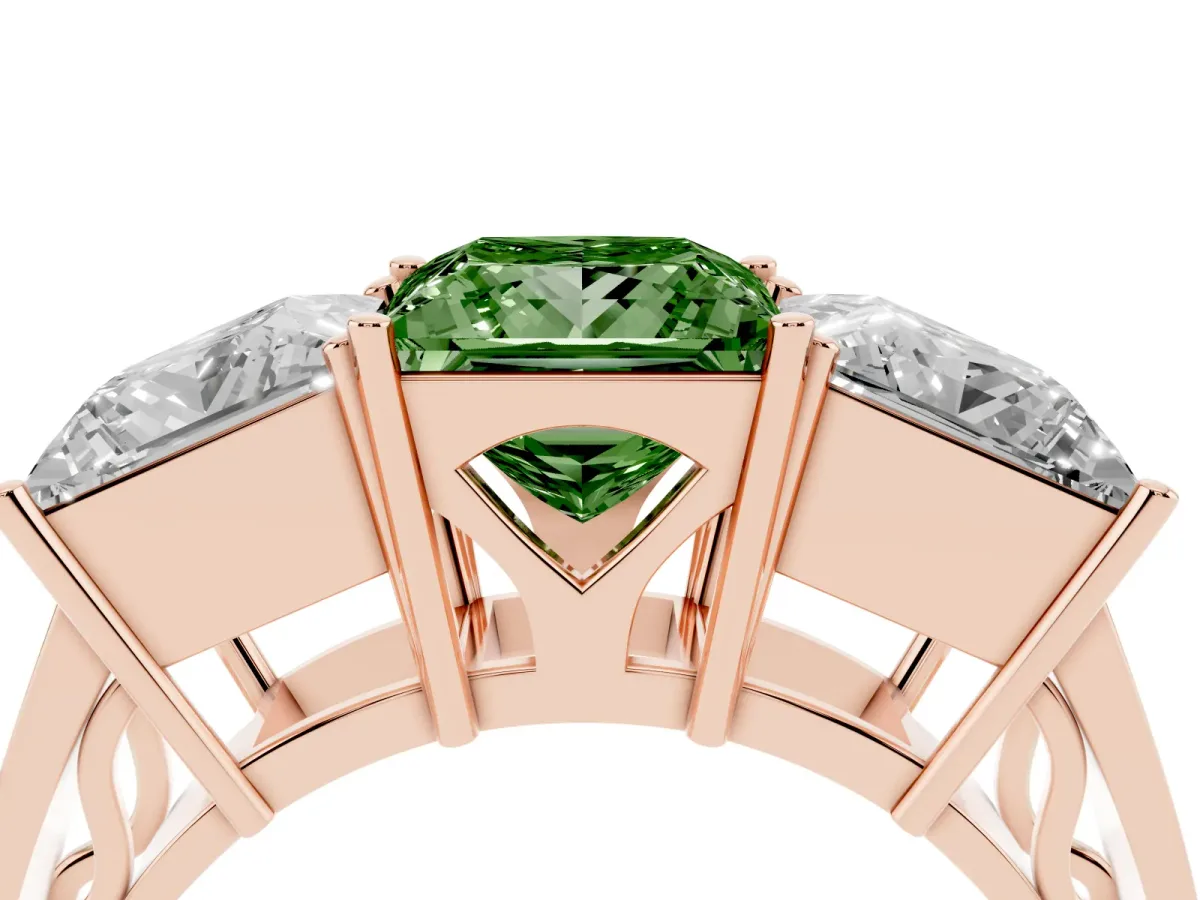 Fancy Green Princess Cut Diamond Three-Stone Ring with Prong Setting and Textured Band Rose gold