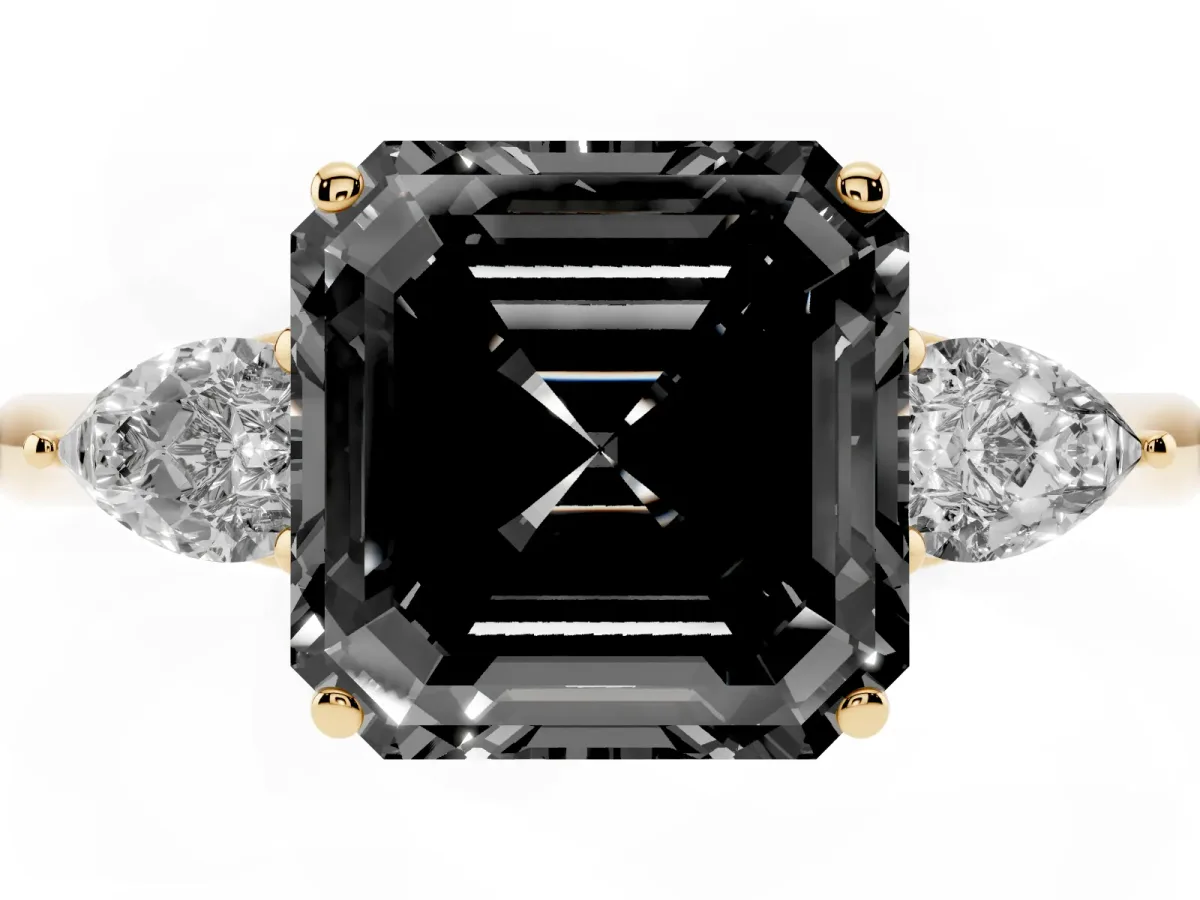 Fancy Black Three-Stone Asscher Cut Brilliant Diamond Solitaire Ring with Tapered Band and Four-Prong Setting Yellow gold