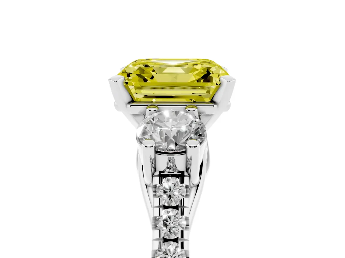 Fancy Yellow Three-Stone Asscher Cut Diamond Pavé Band with Four-Prong Setting Silver