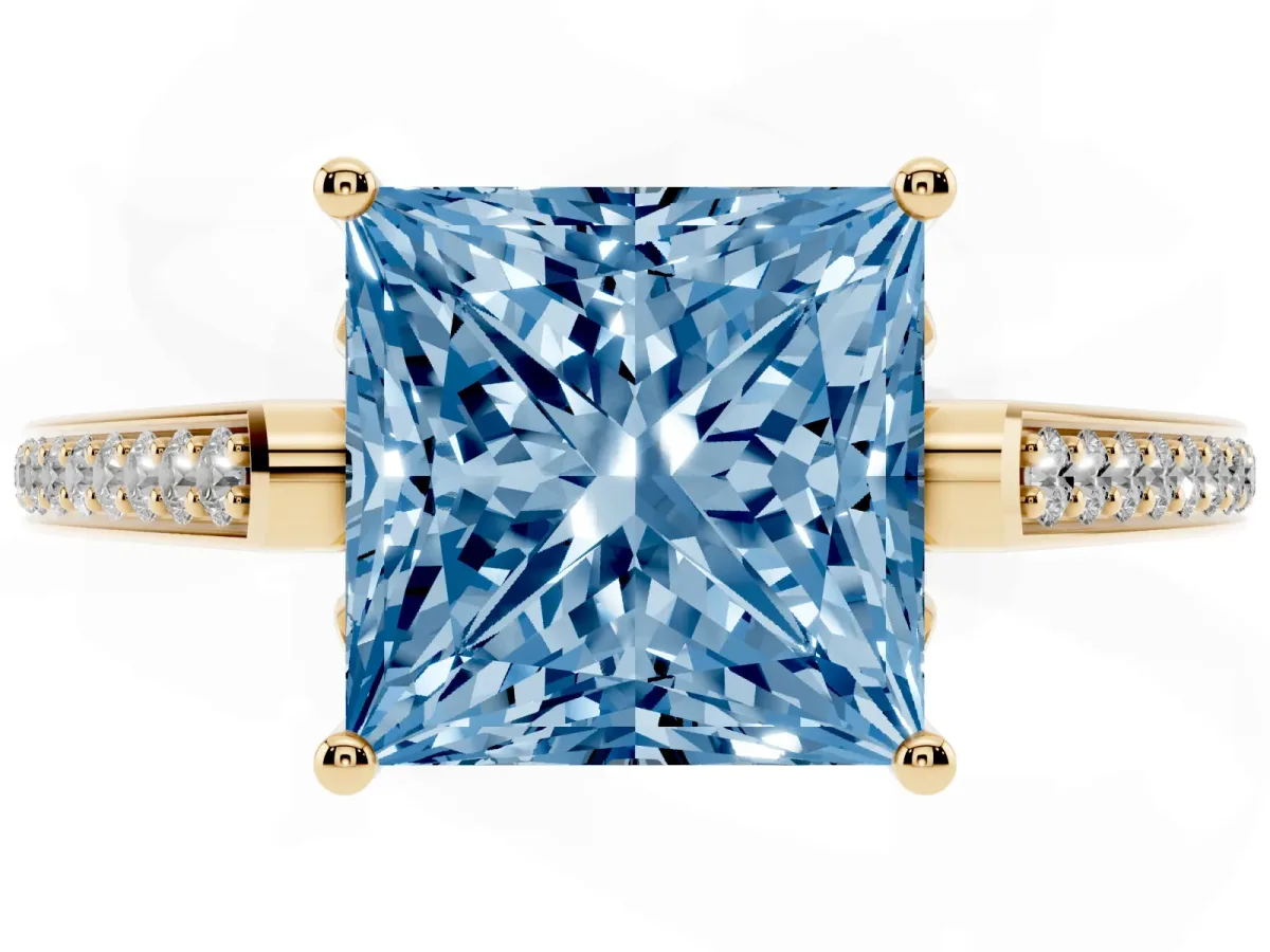 Fancy Blue Princess Cut Cut Cathedral Pave Diamond Engagement Ring with Six-Prong Setting Yellow gold