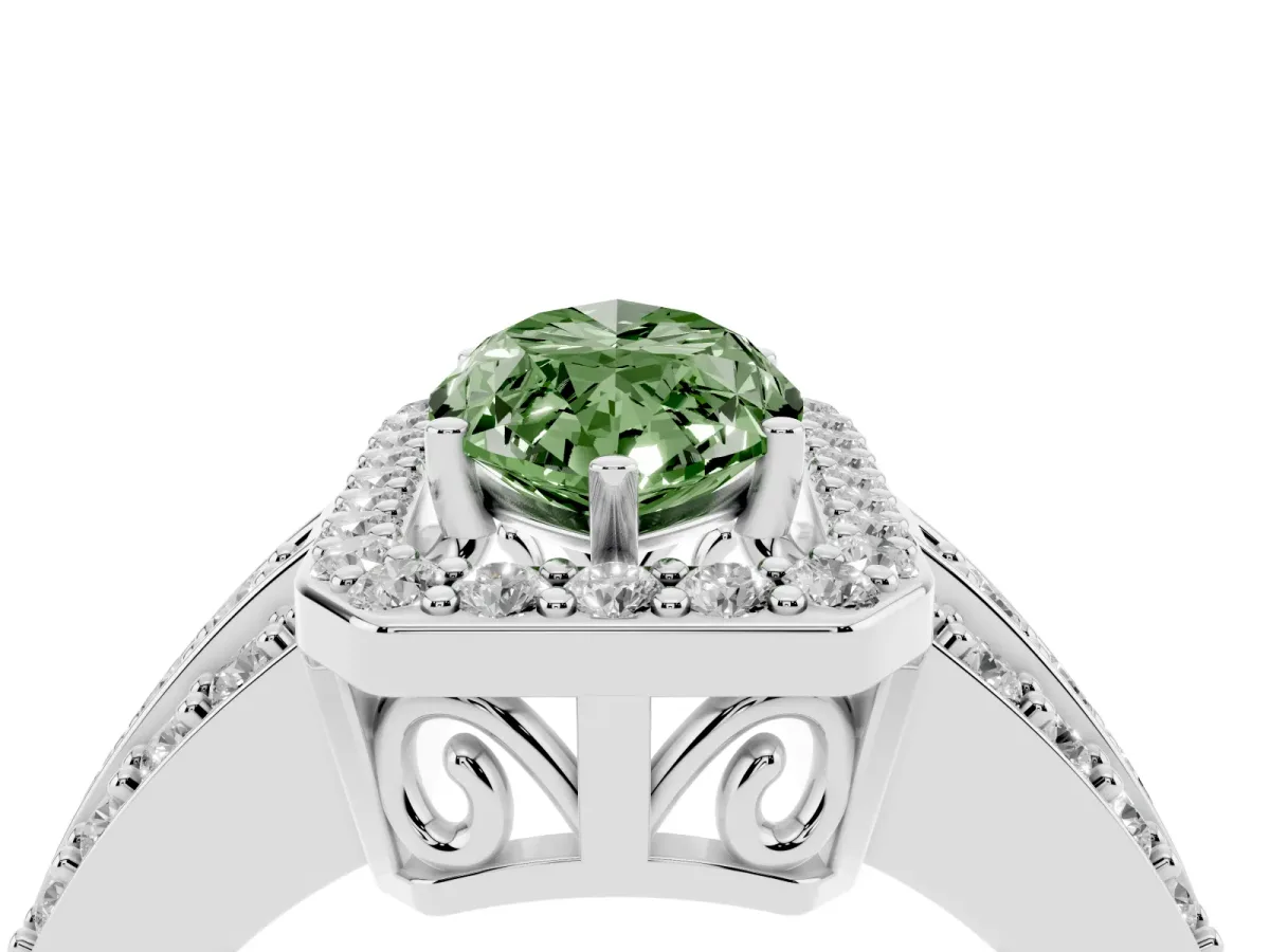 Fancy Green Marquise Cut Halo Diamond Ring with Round Split Shank and Prong Setting Silver